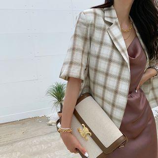 Cropped Plaid Linen Blazer