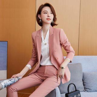 Long-sleeve Blouse / Double-breasted Blazer / Dress Pants / Mini Pencil Skirt / Set