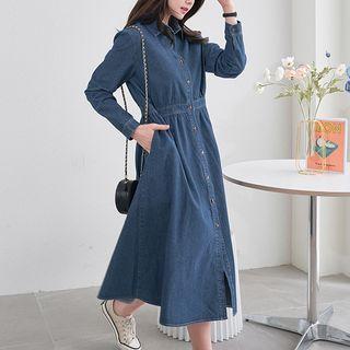A-line Long Denim Shirtdress Blue - One Size