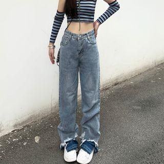 High Waist Frayed Wide-leg Jeans