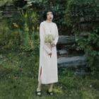 Side-slit Long-sleeve Midi Knit Dress Beige - One Size