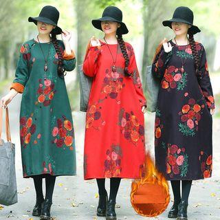 Fleece-lined Floral Long-sleeve Midi A-line Dress