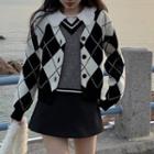 Long-sleeve Blouse / Argyle Cardigan / Sweater Vest / Mini A-line Skirt