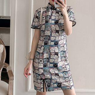 Short-sleeve Cat Print Slit Qipao