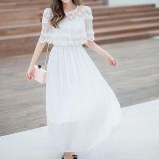 Short Sleeve Lace Overlay Chiffon Maxi Dress