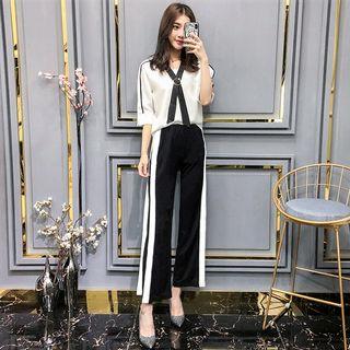 Set: Contrast Trim Elbow-sleeve Top + Cropped Color Block Wide-leg Pants