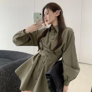 Puff-sleeve Mini Shirtdress Grayish Green - One Size