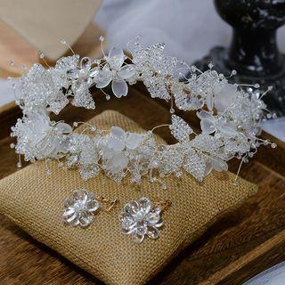 Set: Flower Headband + Drop Earring Crown - White & 1 Pair - Earring - White - One Size