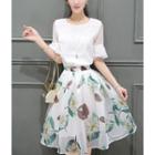Set: Elbow-sleeve Chiffon Top + Printed Midi Skirt