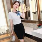Short-sleeve Bow-neck Blouse / Dress Pants / Mini Pencil Skirt
