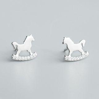 925 Sterling Silver Rhinestone Horse Earring 1 Pair - As Shown In Figure - One Size
