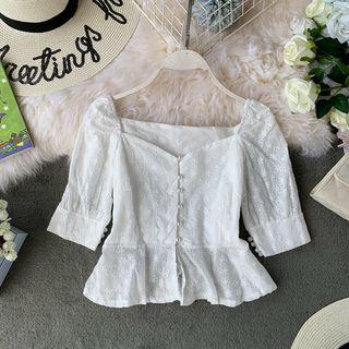 Heart-shape Eyelet-lace Pearl-button Blouse