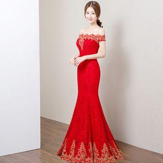 Embroidered Off Shoulder Lace Mermaid Evening Gown