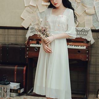 Elbow-sleeve Floral Lace Trim A-line Midi Dress