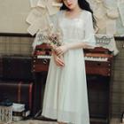 Elbow-sleeve Floral Lace Trim A-line Midi Dress