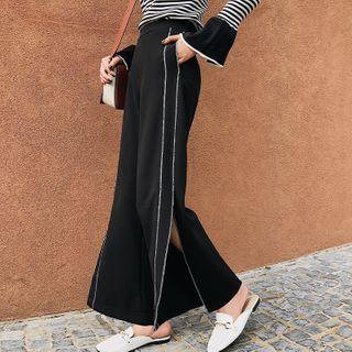 Contrast Trim Slit Wide-leg Pants / Striped T-shirt / Set