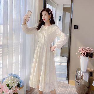 Long-sleeve Pleated Lace Fleece-lined Dress