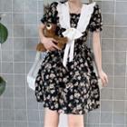 Puff-sleeve Floral Printed Ruffle Trim Dress
