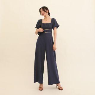 Puff-sleeve Perforated Wide Leg Jumpsuit