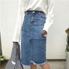 Asymmetric High-waist Fringed Denim Skirt