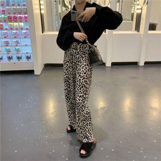 Cold-shoulder Sweater/ Leopard Patterned Wide-leg Pants