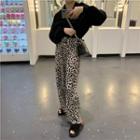 Cold-shoulder Sweater/ Leopard Patterned Wide-leg Pants