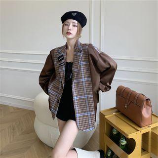 Notch Lapel Plaid Panel Bomber Jacket Plaid - Brown - One Size
