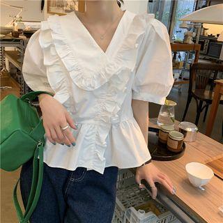 Puff-sleeve V-neck Ruffle Blouse
