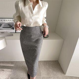 Houndstooth Woolen Long H-line Skirt