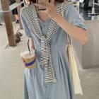 Mock Two-piece Short-sleeve Striped Shawl Collar Dress As Shown In Figure - One Size