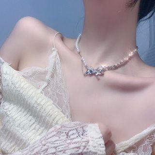 Bow Faux Pearl Alloy Choker 1 Pc - Silver - One Size