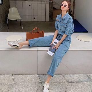 Elbow-sleeve Washed Wide Leg Denim Jumpsuit