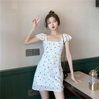 Floral Square-neck Short-sleeve Slim-fit Dress