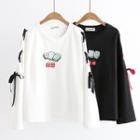 Long-sleeve Mahjong-print Lace-up T-shirt