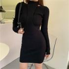 Set: Knit Crop Top + Halter-neck Mini Dress Black - One Size