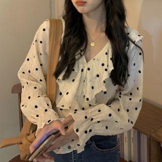 Bell-sleeve V-neck Ruffled Dotted Blouse Black Dot - White - One Size