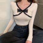 V-neck Lace Trim Bow Cropped T-shirt Almond - One Size