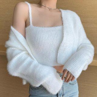 Set : Long-sleeve Cropped Cardigan + Cropped Suspender