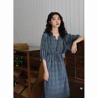 Plaid Elbow-sleeve Tie-waist Midi A-line Dress