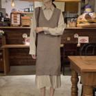 Long-sleeve Midi Shirtdress / V-neck Knit Midi Overall Dress