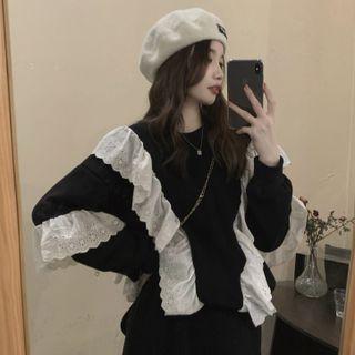 Eyelet Lace Trim Sweatshirt Black - One Size