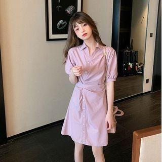 Puff-sleeve Irregular A-line Mini Shirtdress
