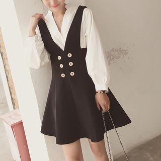 Set: V-neck Blouse + Suspender A-line Skirt
