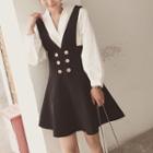Set: V-neck Blouse + Suspender A-line Skirt