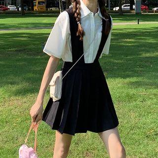 Pleated Dress / Open-placket Button Blouse