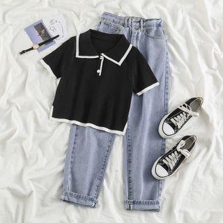 Short-sleeve Polo Knit Top / Straight Leg Jeans