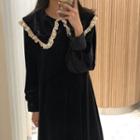 Long Sleeve Lace Trim Dress Black - One Size