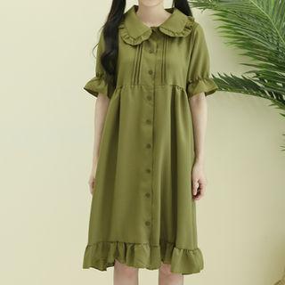 Frill-trim Pintuck Shirtdress Green - One Size