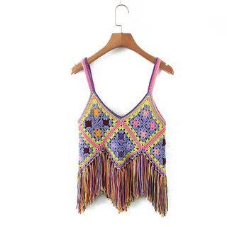 Fringed Knit Camisole Top Pink & Blue - One Size