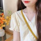 Short-sleeve Eyelet Trim Button-up Top
